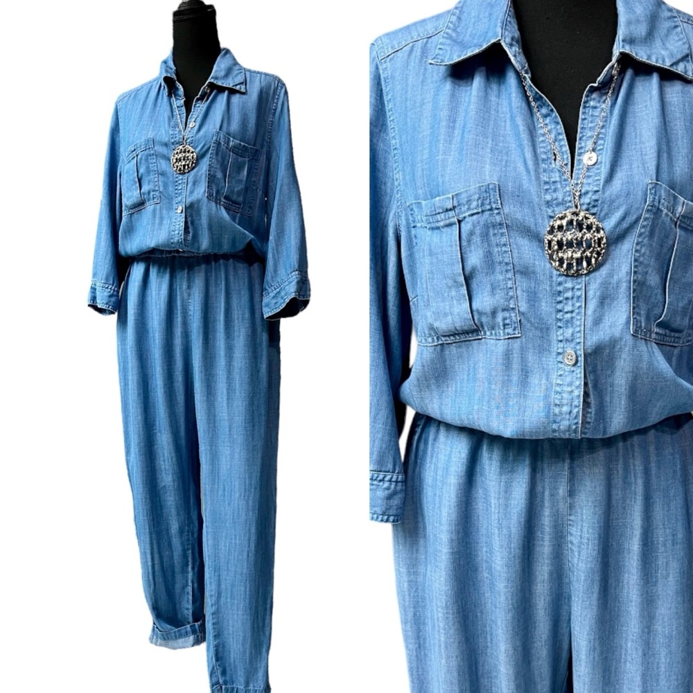 EUC Vintage NY&Co Blue Denim Jumpsuit Coveralls Stretch Medium Oversized 80s 90s